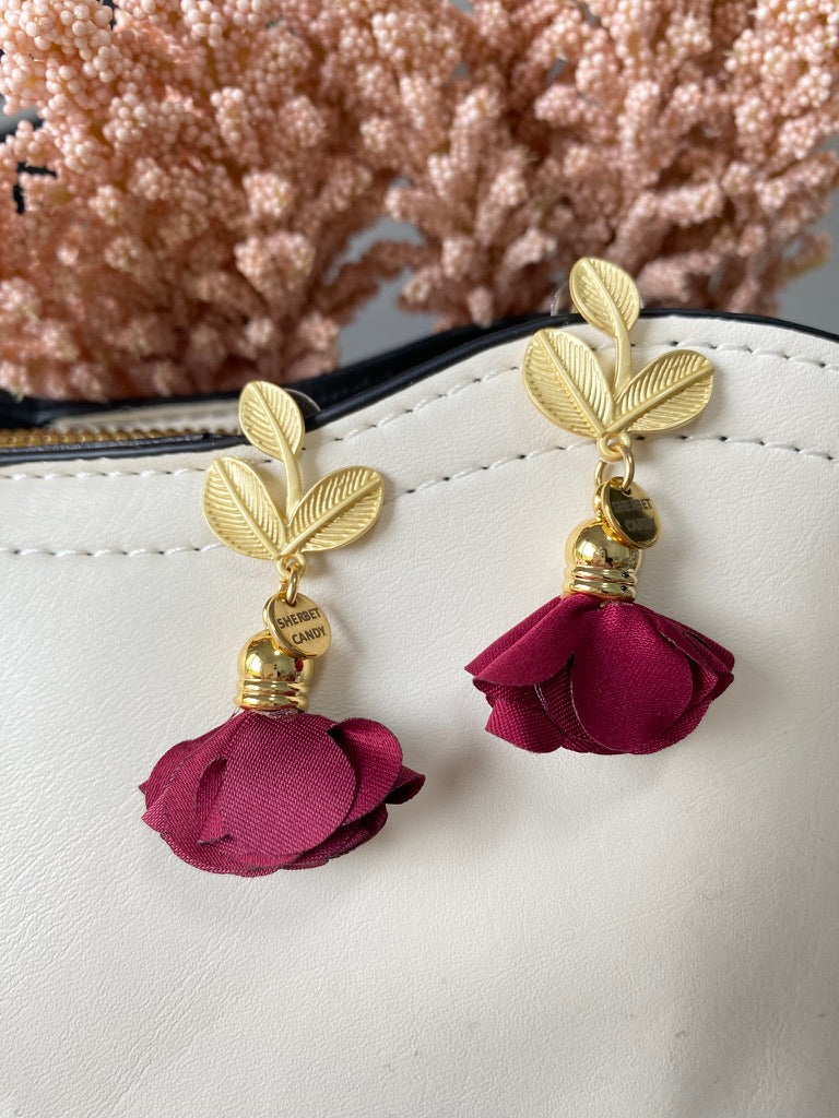 Burgundy Fabric Flower with Matte Gold Leaf Dangle