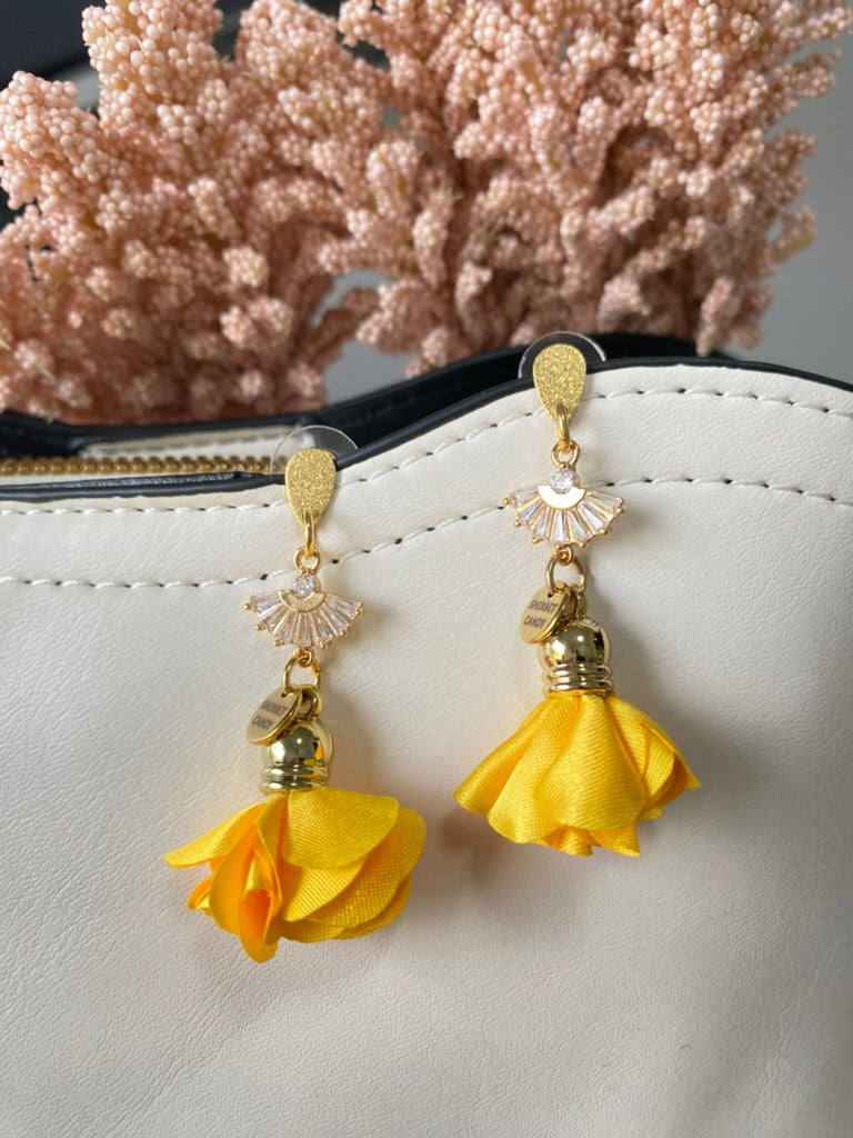 Bumblebee Yellow Fabric Flower with Gold and Cubic Zirconia Fan