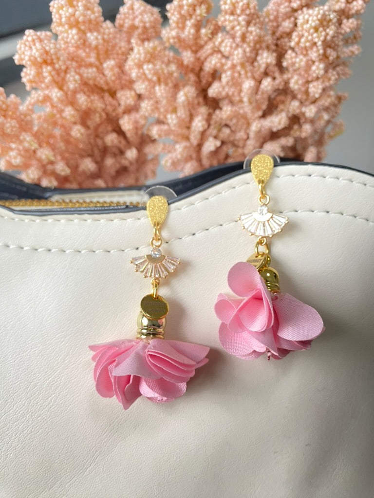 Pink Fabric Flower with Gold and Cubic Zirconia Fan