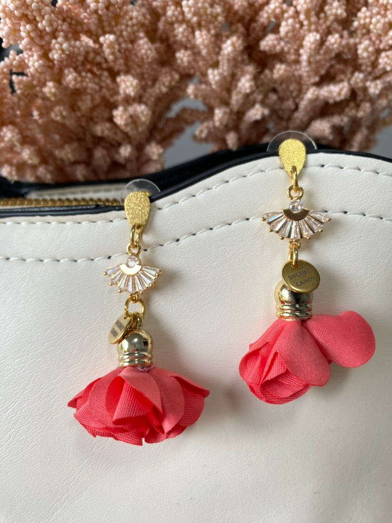 Watermelon Fabric Flower with Gold and Cubic Zirconia Fan