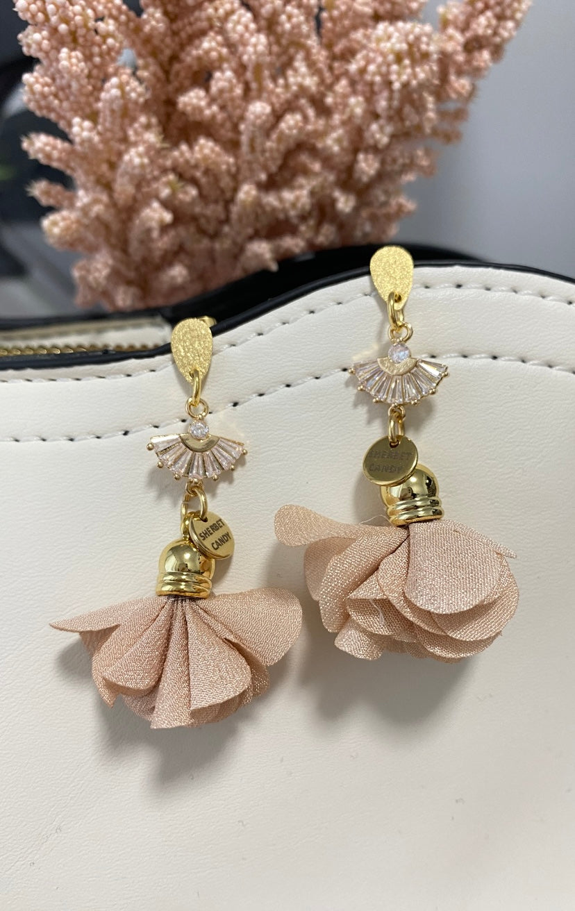 Champagne Fabric Flower with Gold and Cubic Zirconia Fan