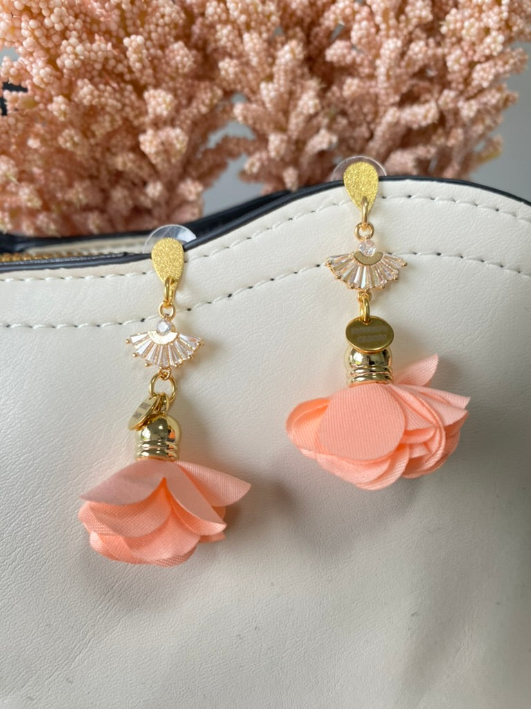Peach Fabric Flower with Gold and Cubic Zirconia Fan