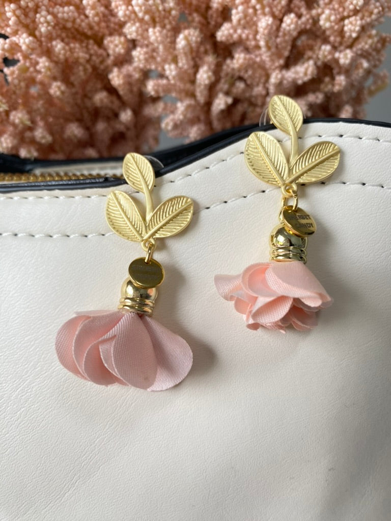 Light Pink Fabric Flower with Matte Gold Leaf Dangle
