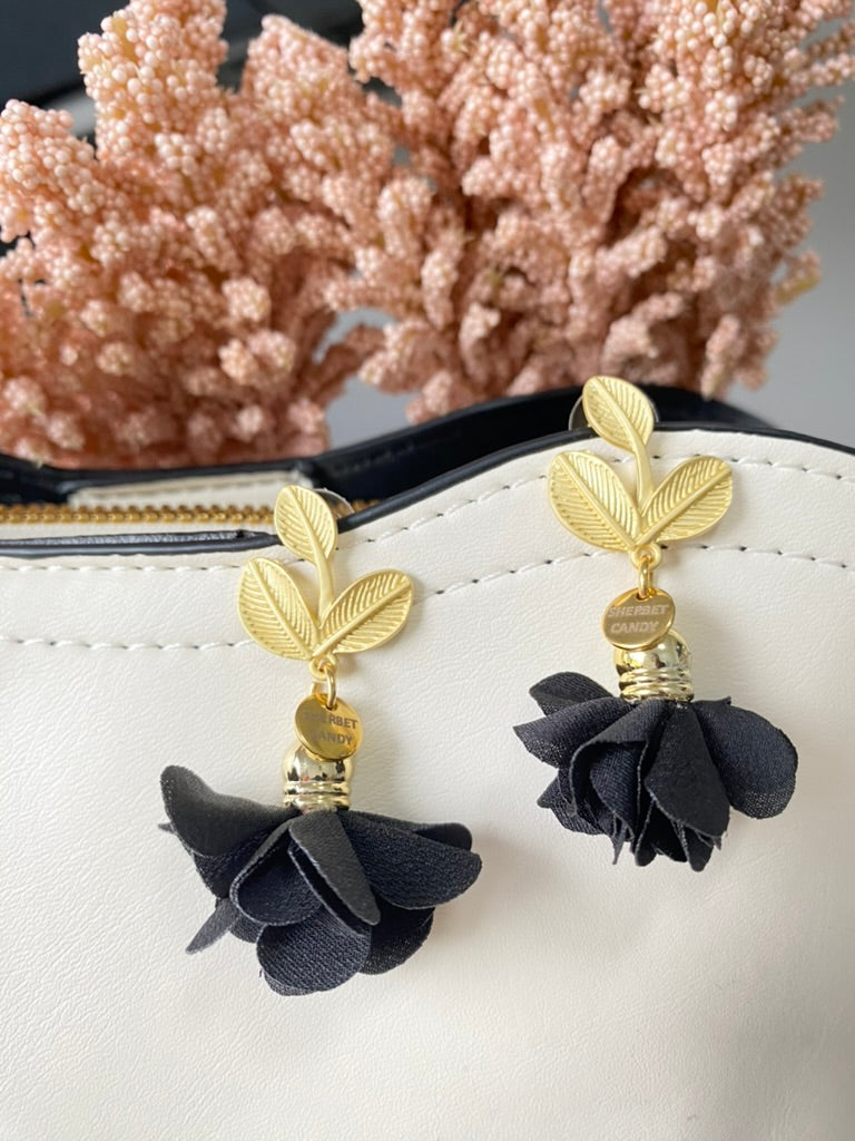 Black Fabric Flower with Matte Gold Leaf Dangle