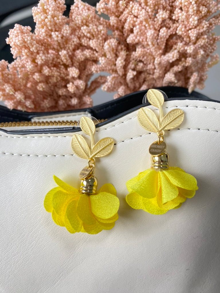 Bright Yellow Fabric Flower with Matte Gold Leaf Dangle