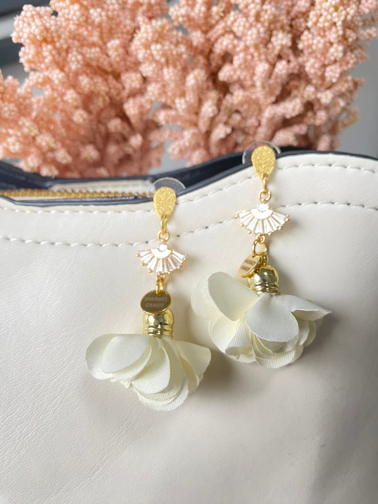 White Fabric Flower with Gold and Cubic Zirconia Fan