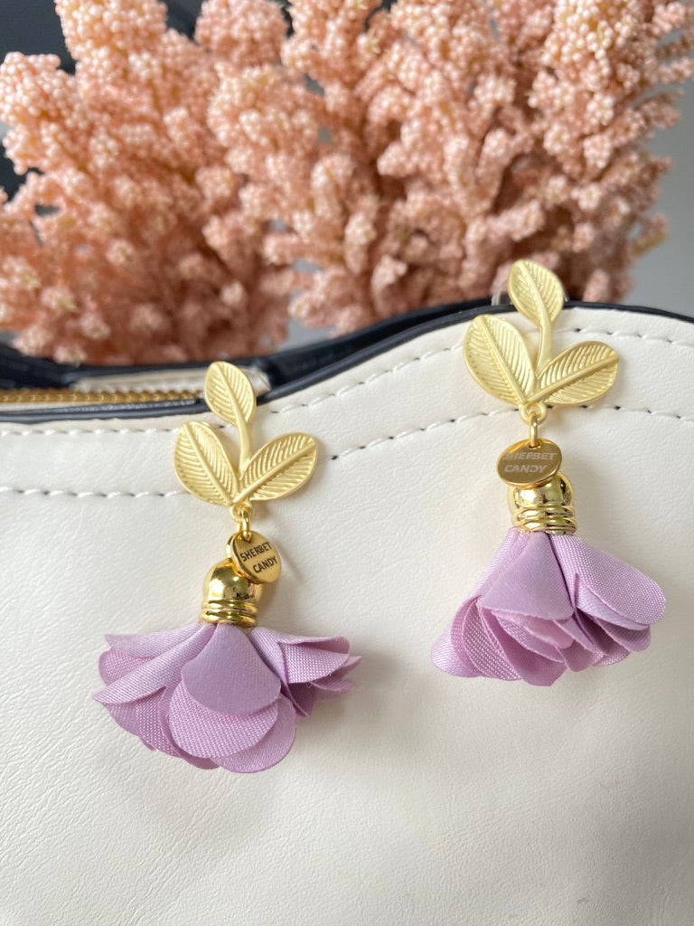 Lavender Fabric Flower with Matte Gold Leaf Dangle