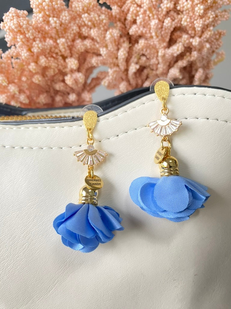 Light Blue Fabric Flower with Gold and Cubic Zirconia Fan