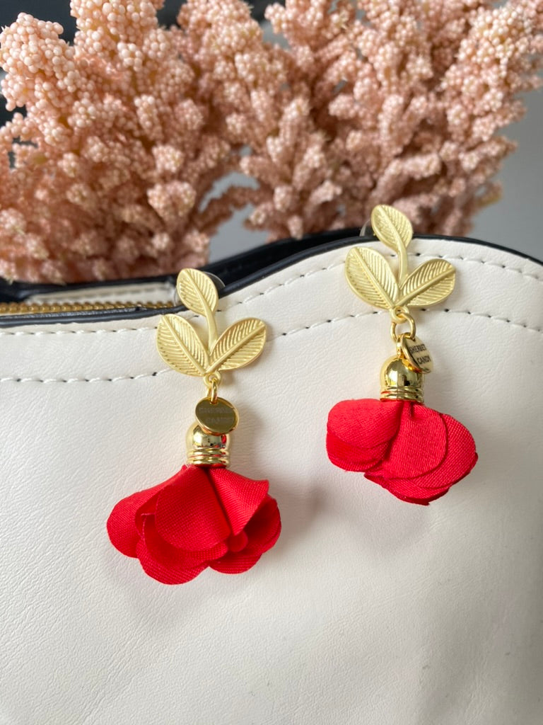 Red Fabric Flower with Matte Gold Leaf Dangle