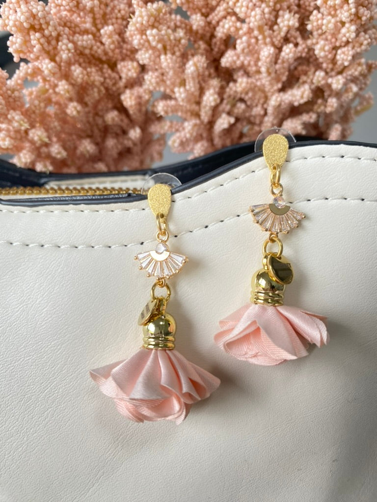 Light Pink Fabric Flower with Gold and Cubic Zirconia Fan
