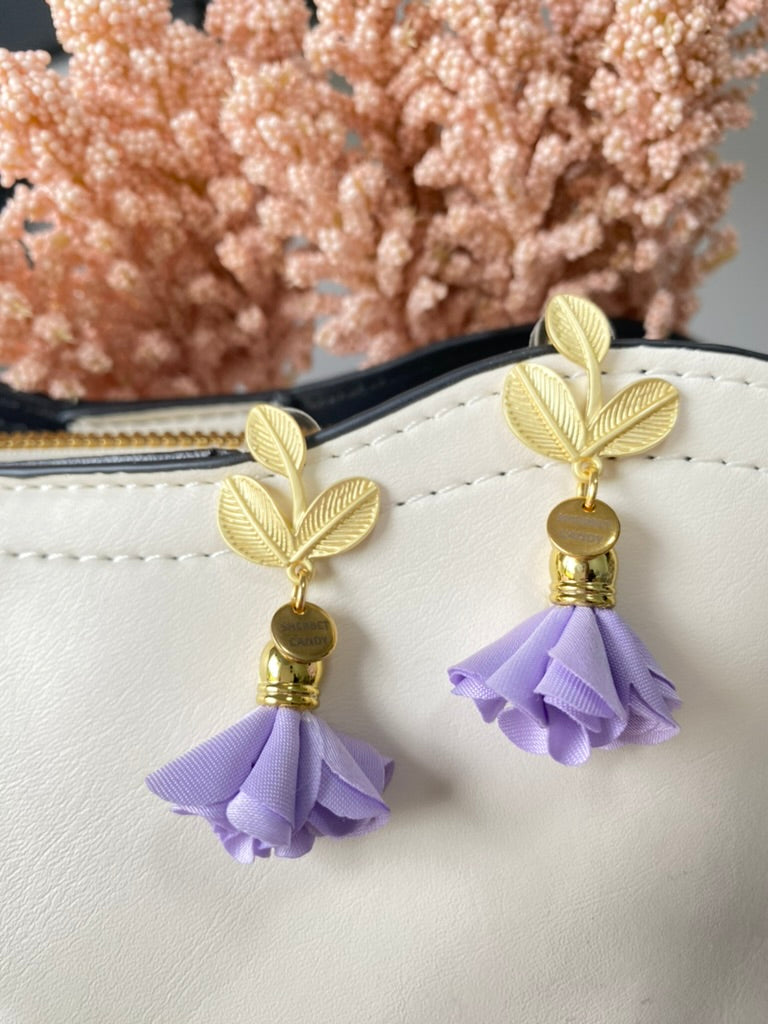 Soft Purple Fabric Flower with Matte Gold Leaf Dangle