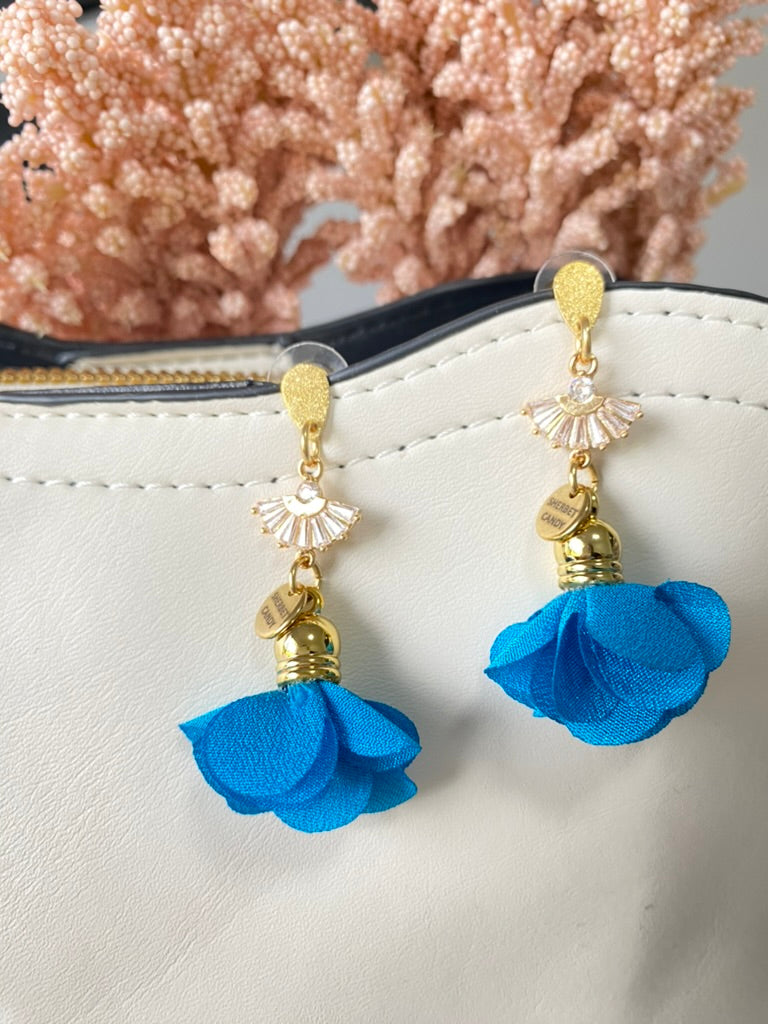 Bright Blue Fabric Flower with Gold and Cubic Zirconia Fan