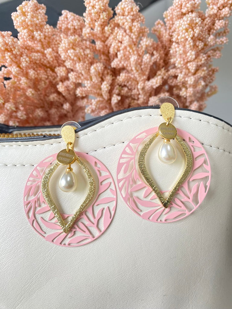 Pink Lace with Gold and Pearl Drop