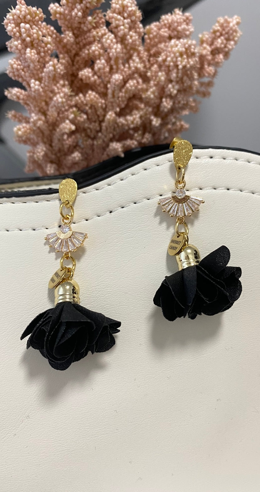 Black Fabric Flower with Gold and Cubic Zirconia Fan