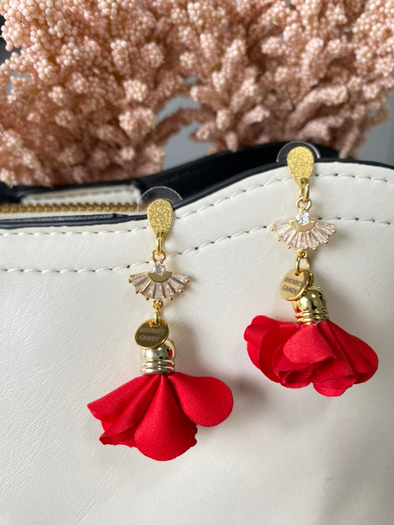 Red Fabric Flower with Gold and Cubic Zirconia Fan