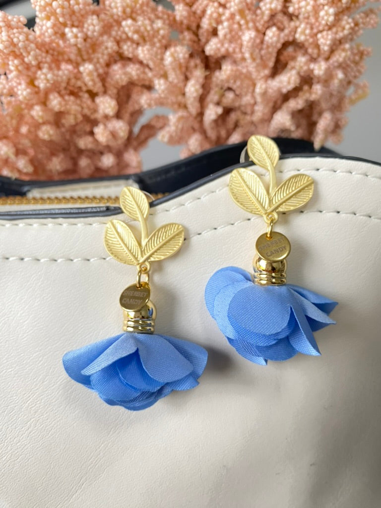 Light Blue Fabric Flower with Matte Gold Leaf Dangle