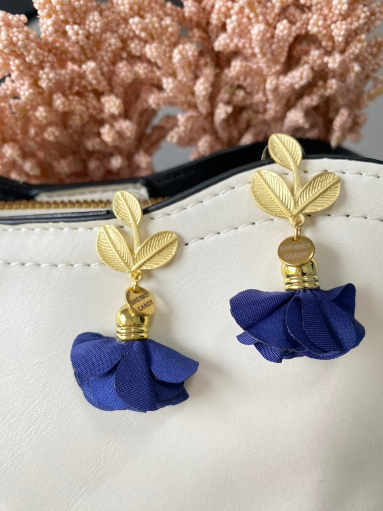 Navy Blue Fabric Flower with Matte Gold Leaf Dangle