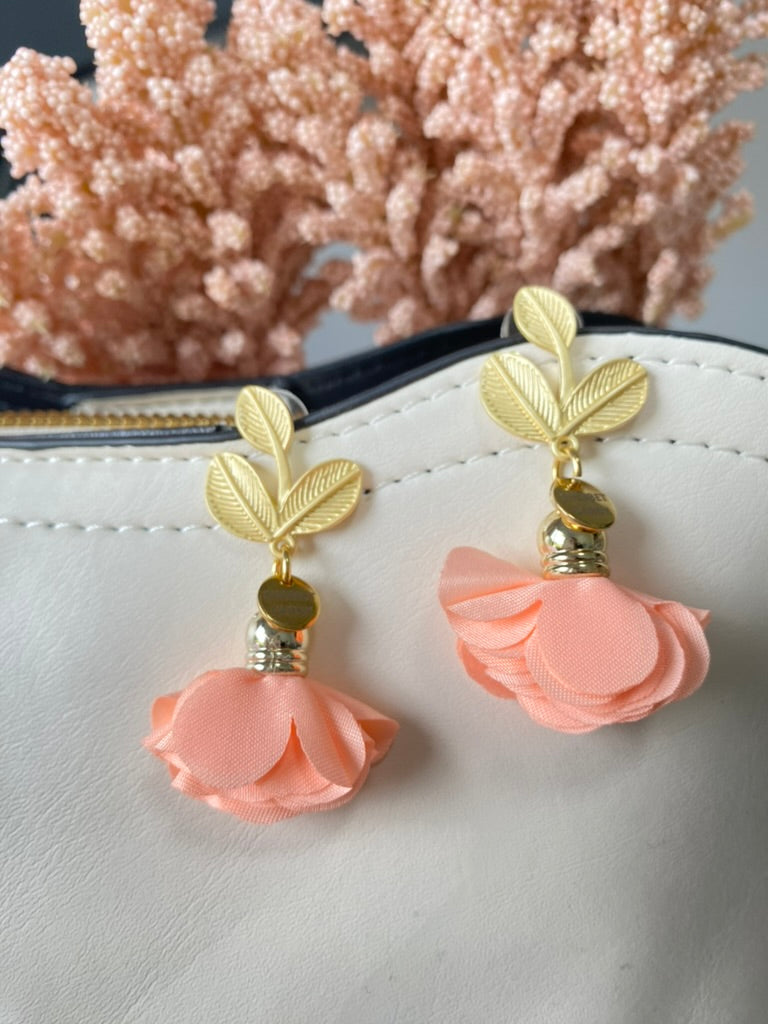 Peach Fabric Flower with Matte Gold Leaf Dangle