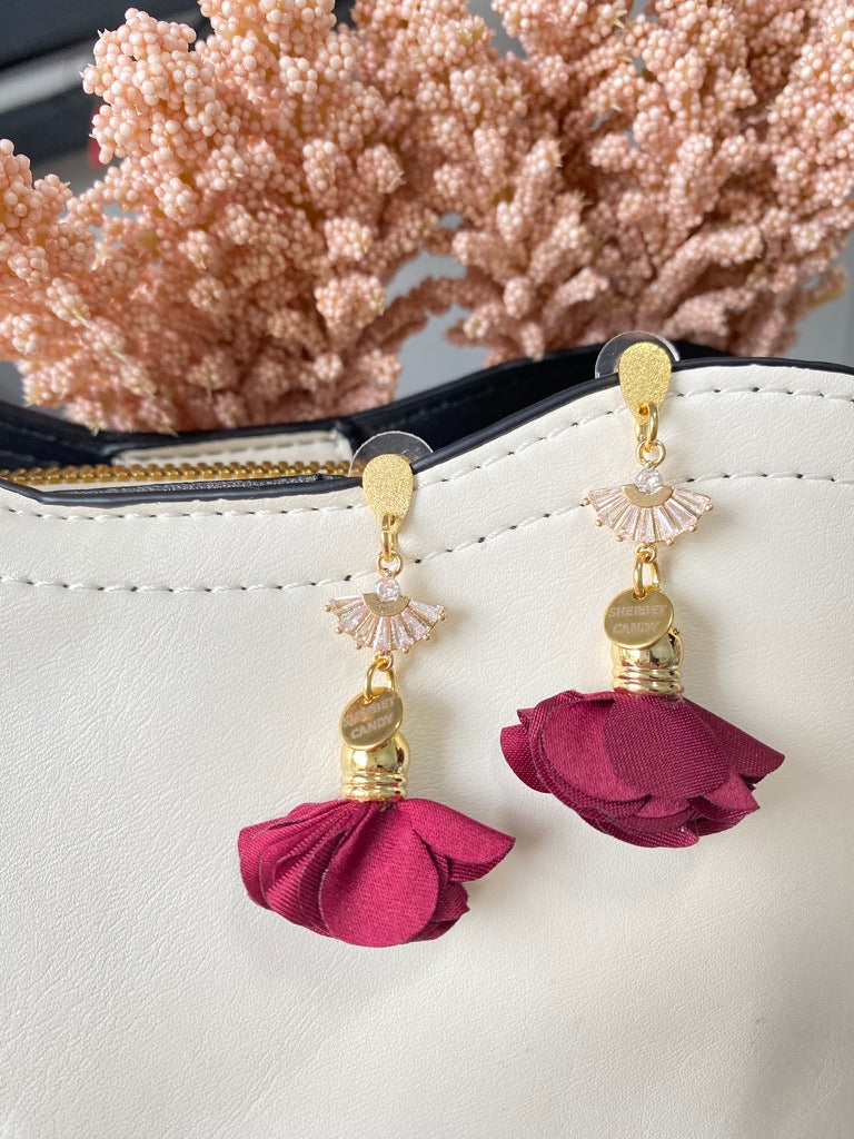 Burgundy Fabric Flower with Gold and Cubic Zirconia Fan