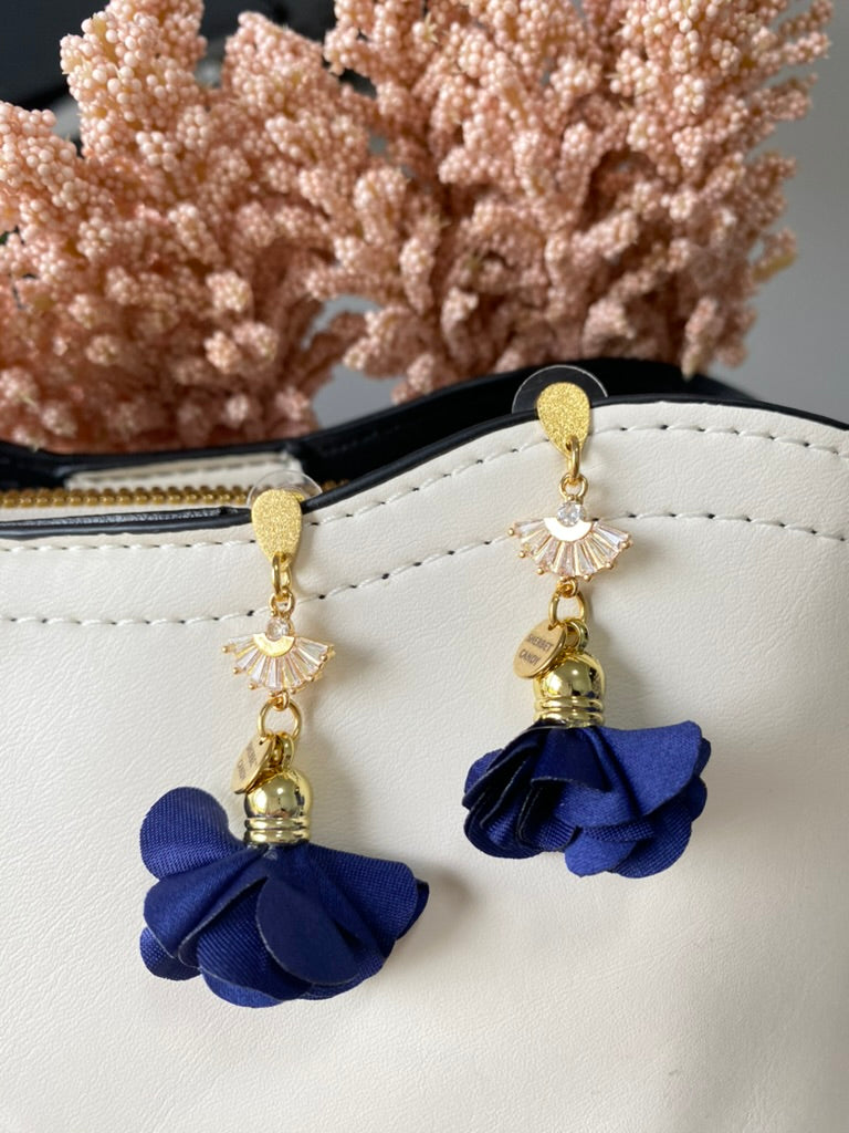 Navy Blue Fabric Flower with Gold and Cubic Zirconia Fan