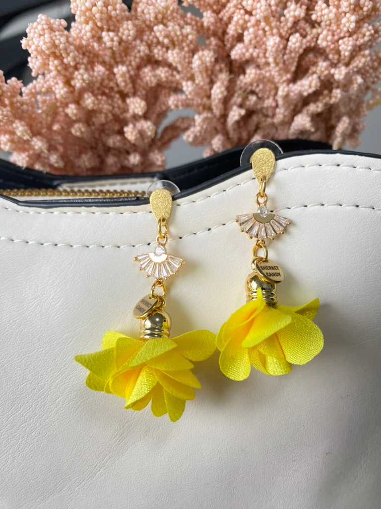 Bright Yellow Fabric Flower with Gold and Cubic Zirconia Fan
