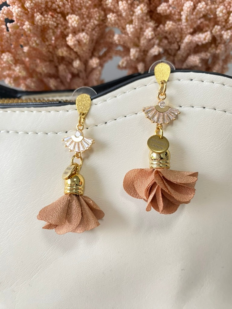 Latte Fabric Flower with Gold and Cubic Zirconia Fan
