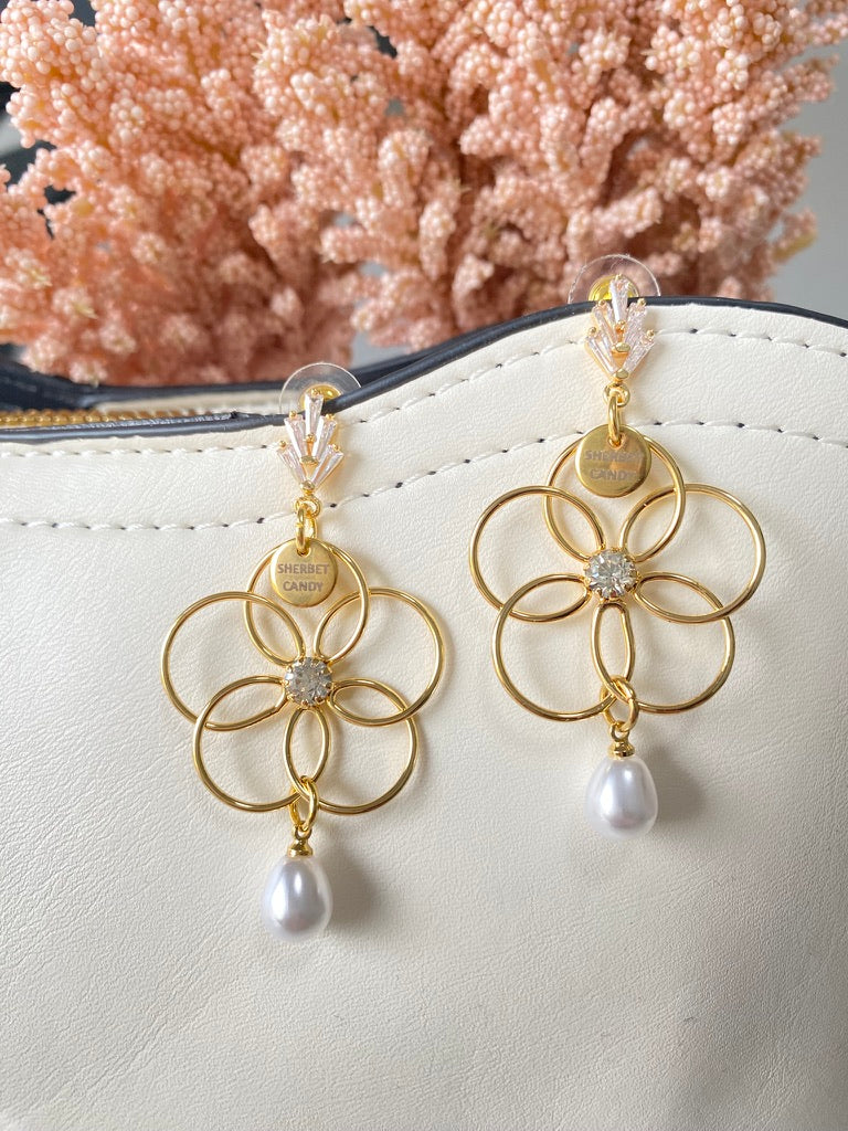 Gold and Cubic Zirconia Flower with Pearl Drop
