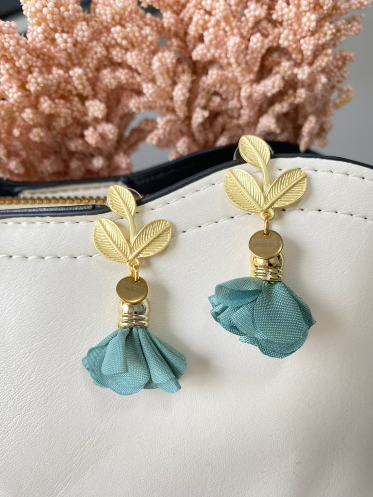 Sage Green Fabric Flower with Matte Gold Leaf Dangle