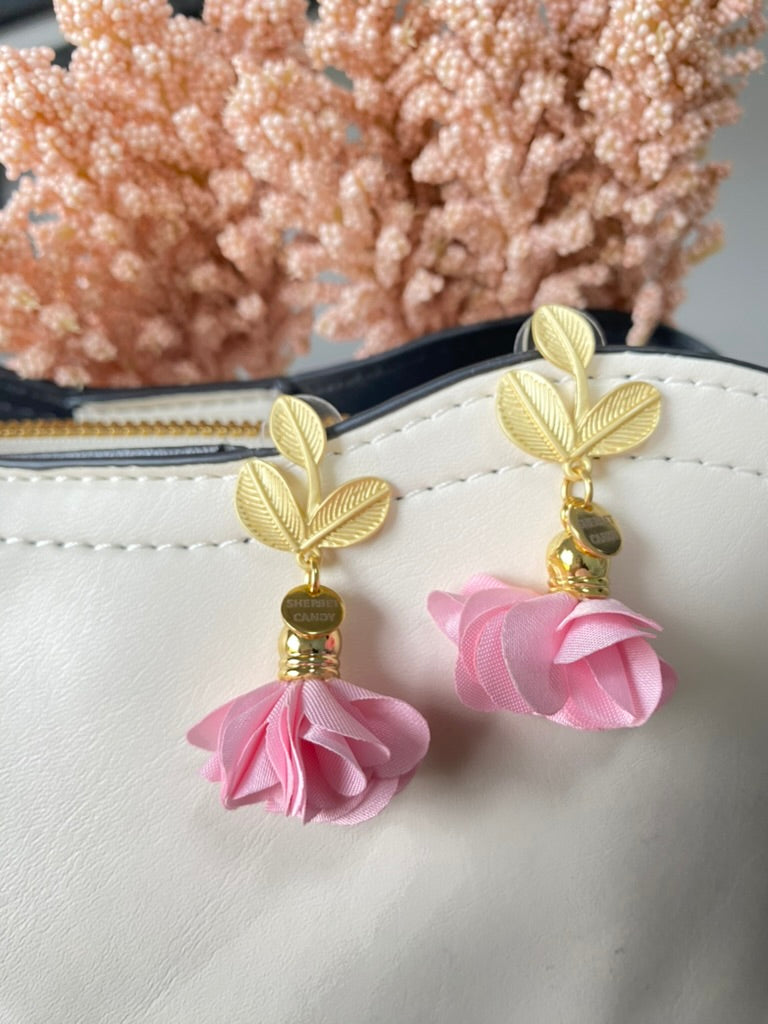 Pink Fabric Flower with Matte Gold Leaf Dangle