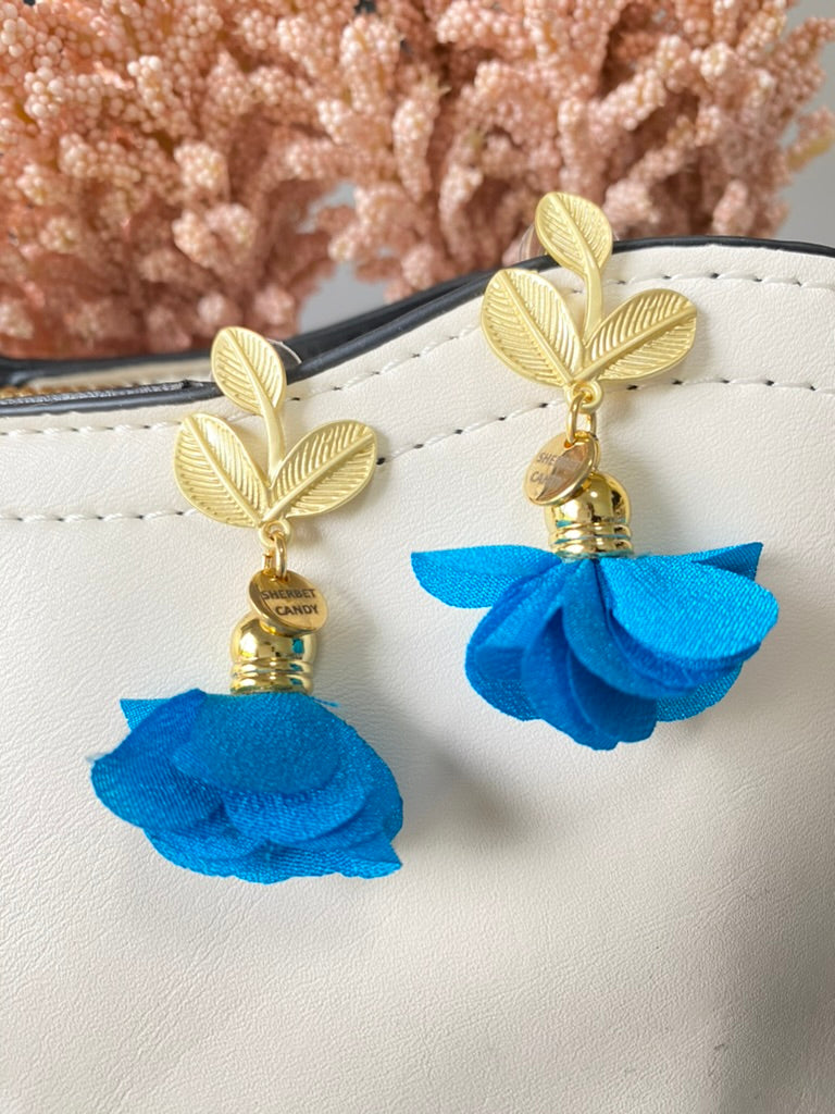 Bright Blue Fabric Flower with Matte Gold Leaf Dangle