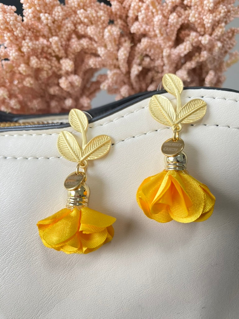 Bumblebee Yellow Fabric Flower with Matte Gold Leaf Dangle