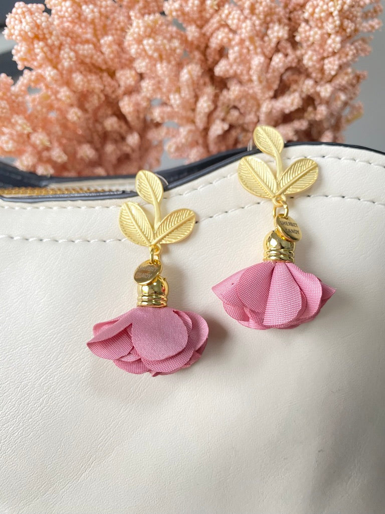 Rose Pink Fabric Flower with Matte Gold Leaf Dangle