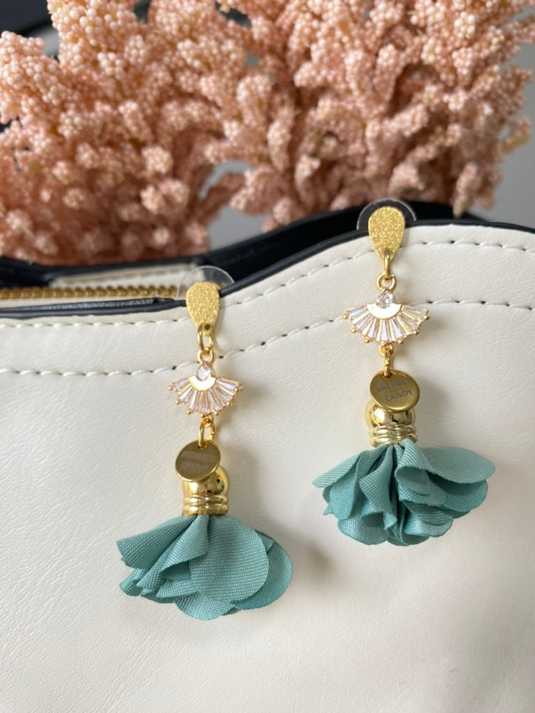 Sage Green Fabric Flower with Gold and Cubic Zirconia Fan