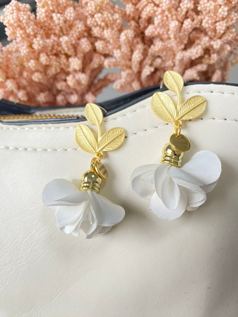 White Fabric Flower with Matte Gold Leaf Dangle