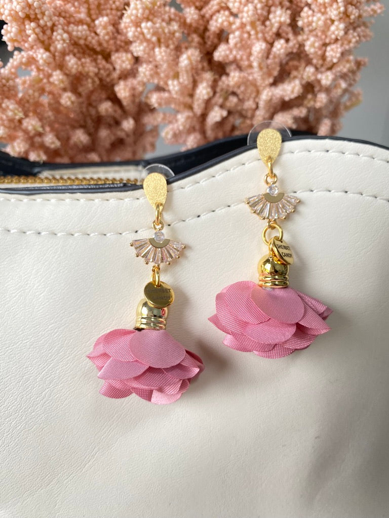 Rose Pink Fabric Flower with Gold and Cubic Zirconia Fan