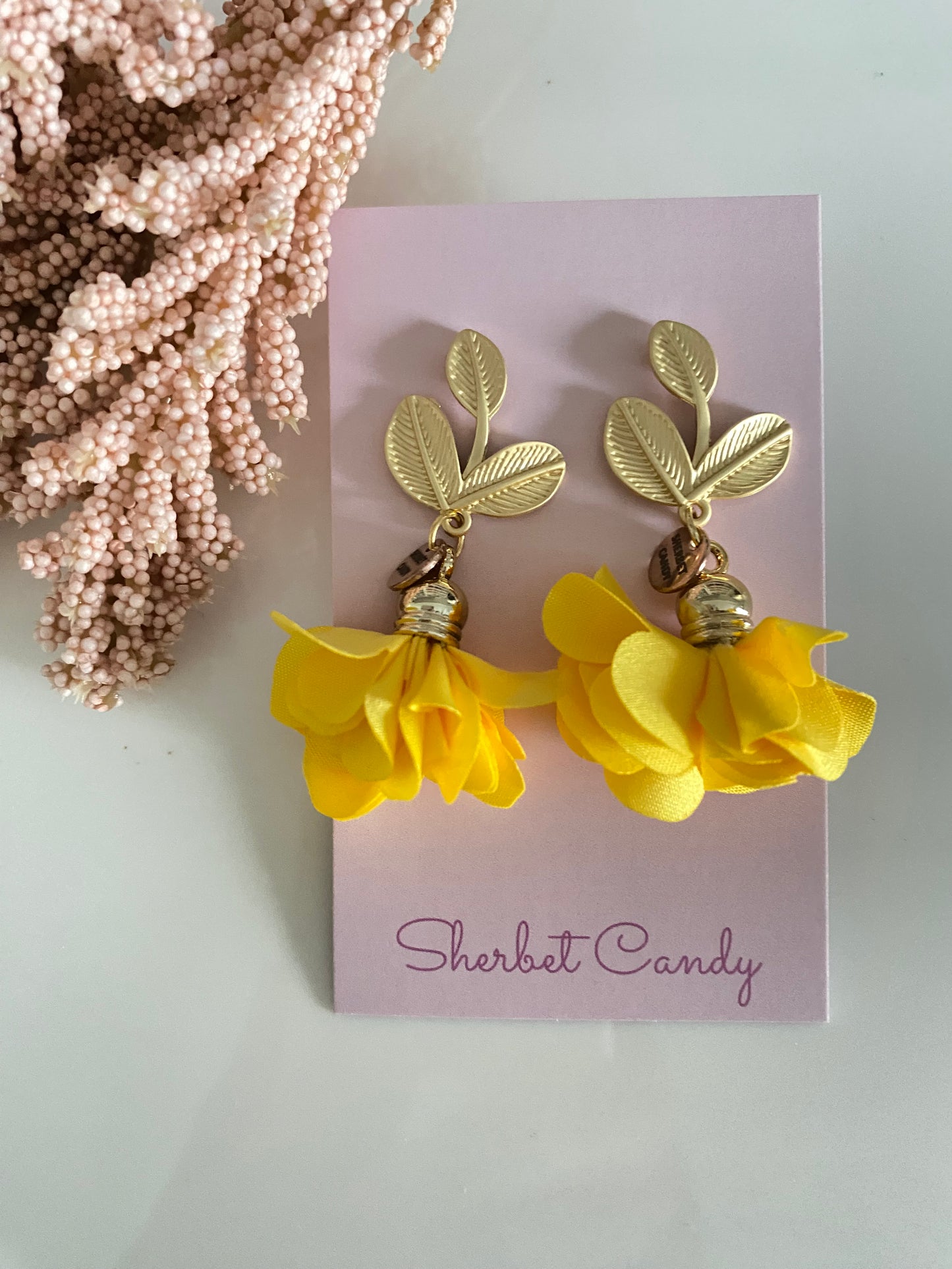 Bumblebee Yellow Fabric Flower with Matte Gold Leaf Dangle