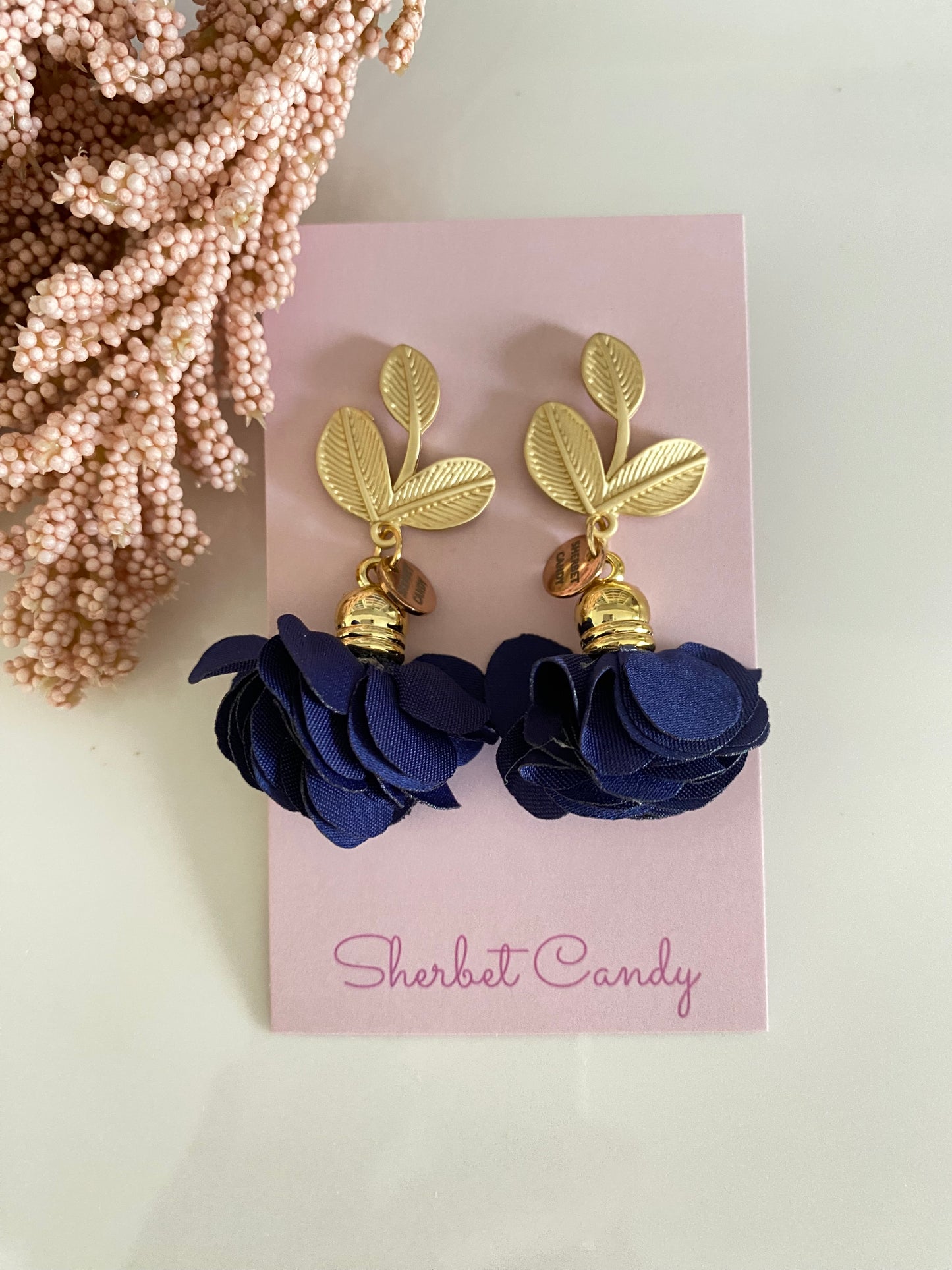Navy Blue Fabric Flower with Matte Gold Leaf Dangle