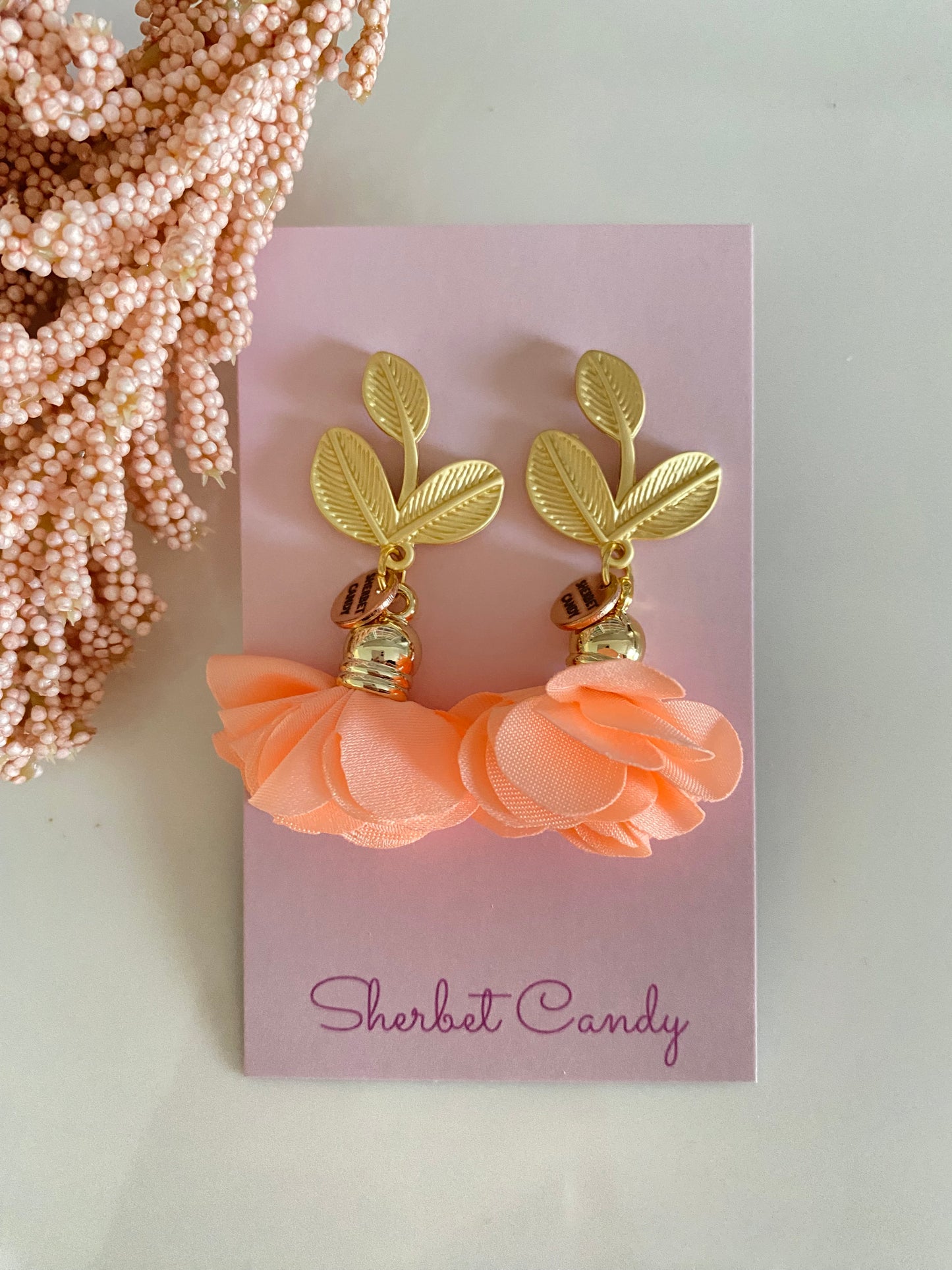Peach Fabric Flower with Matte Gold Leaf Dangle