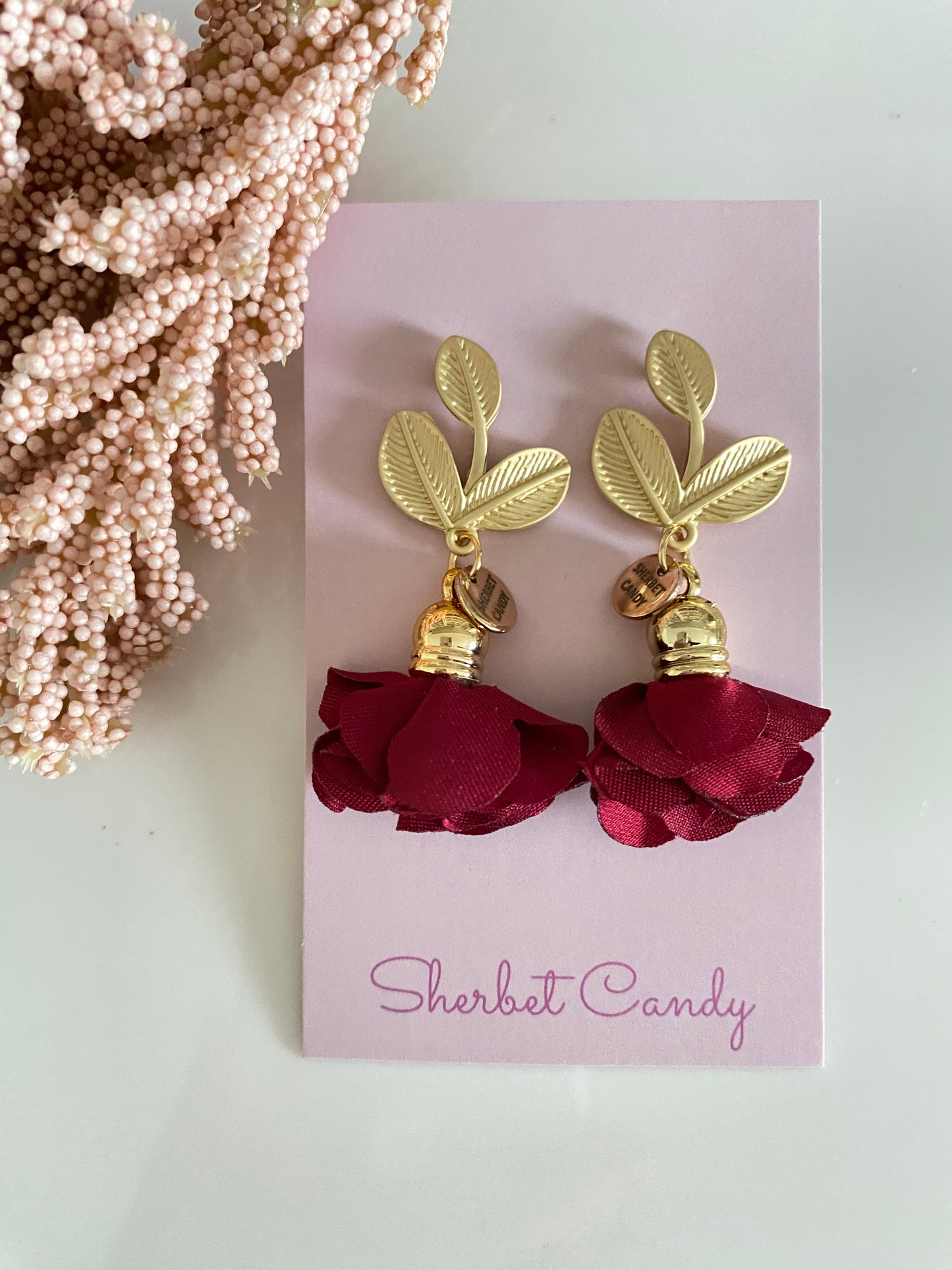 Burgundy Fabric Flower with Matte Gold Leaf Dangle