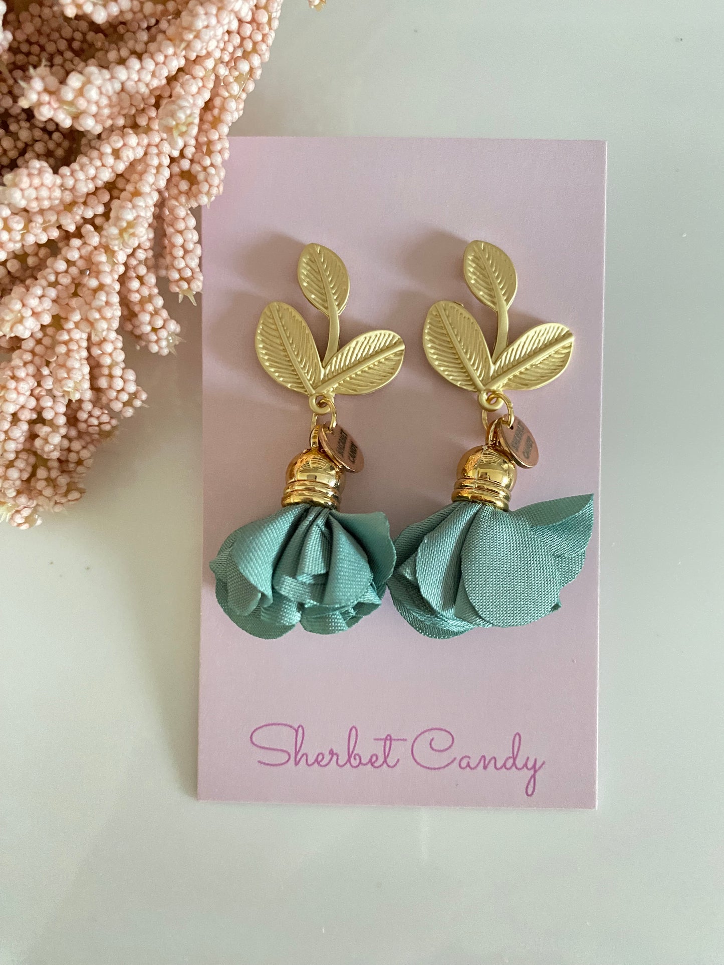 Sage Green Fabric Flower with Matte Gold Leaf Dangle
