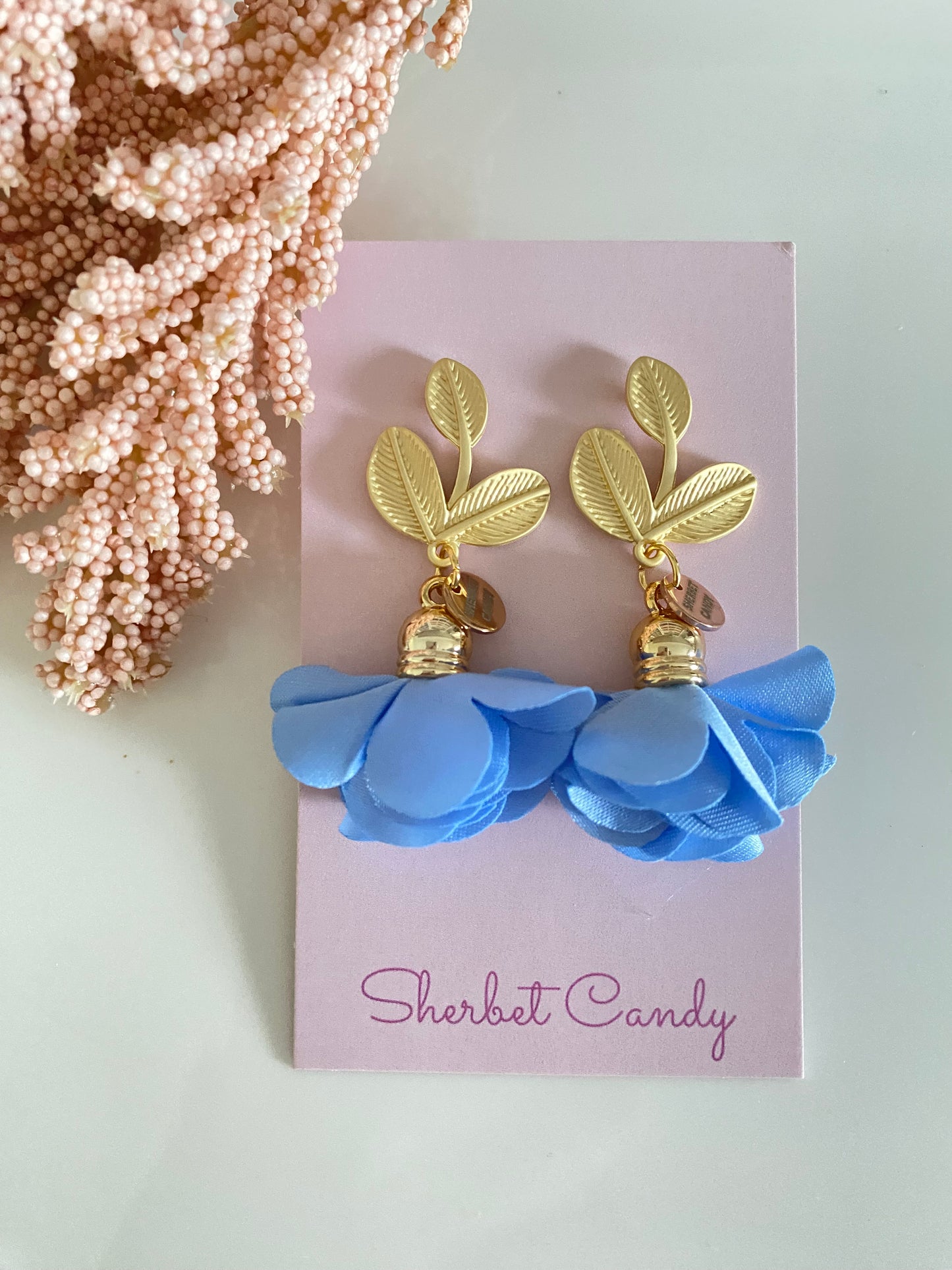 Light Blue Fabric Flower with Matte Gold Leaf Dangle