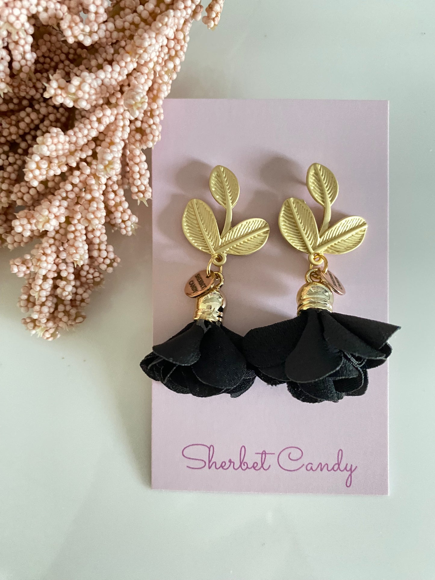 Black Fabric Flower with Matte Gold Leaf Dangle