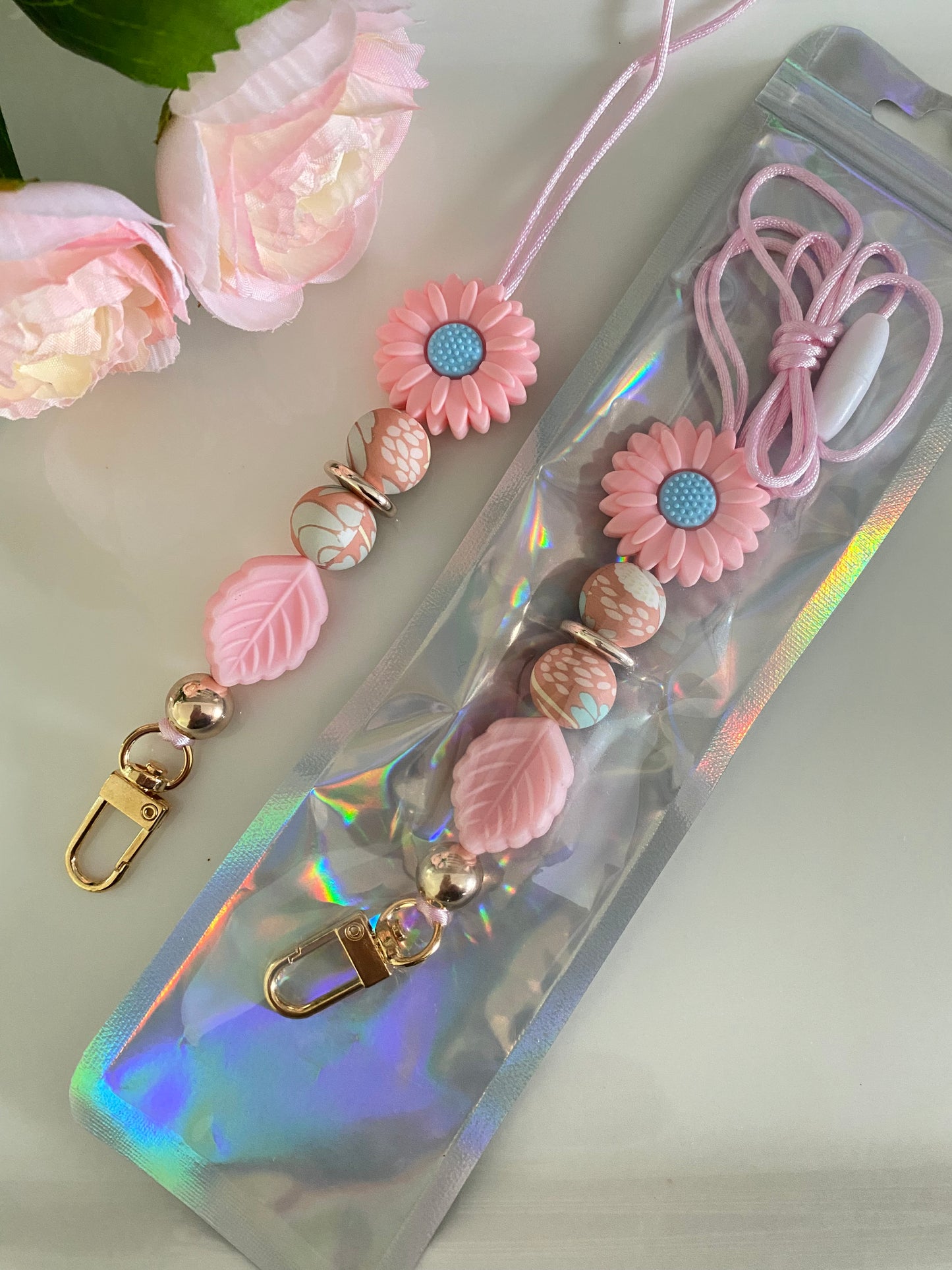 Pink Daisy Beaded Lanyard