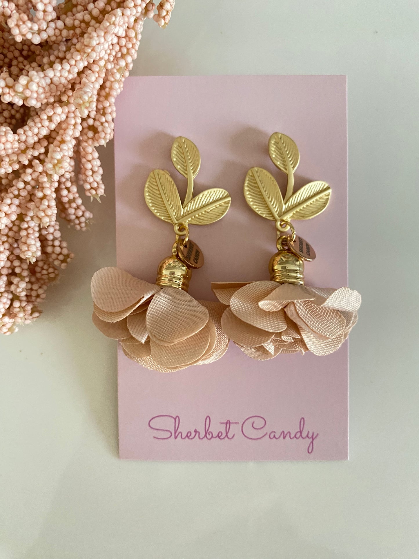 Beige Fabric Flower with Matte Gold Leaf Stud