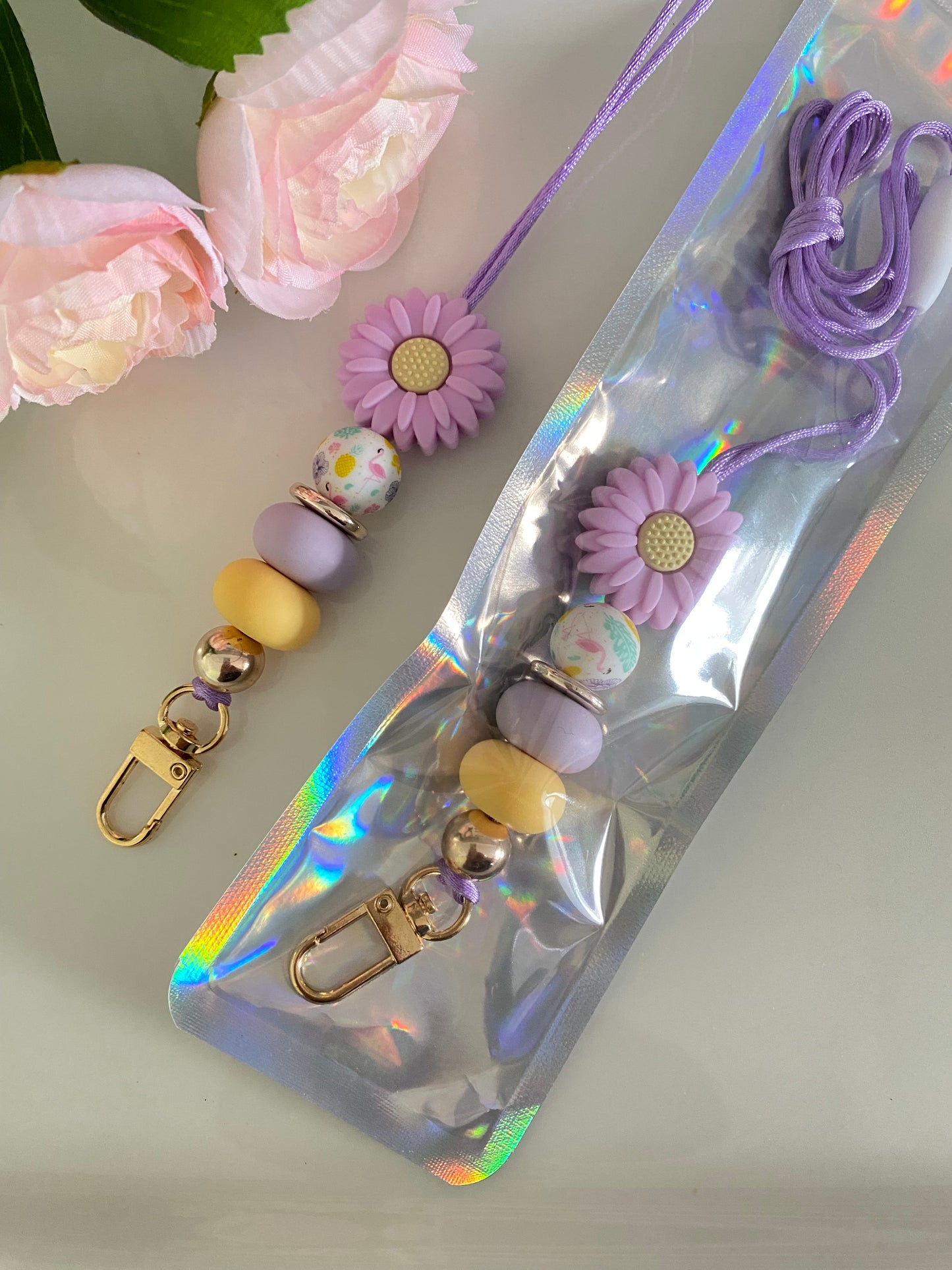 Purple Daisy Beaded Lanyard
